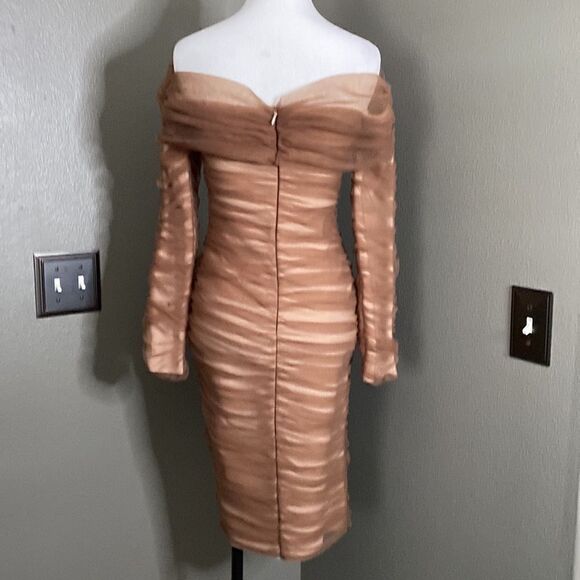 SEPIA BOUTIQUE Maisie Dress Brown Tulle Off Shoulder Bodycon - Picture 8 of 15